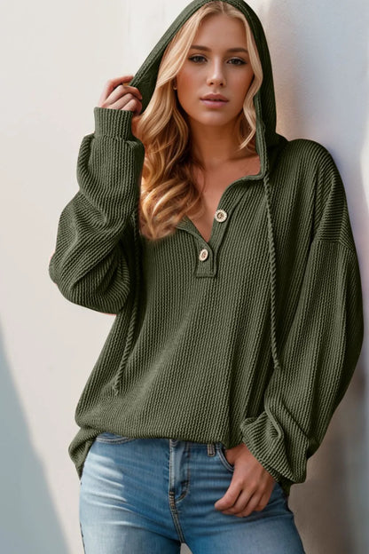 Long sleeve hoodie by Trendsi featuring a double take full size design, half-button front and casual fit, shown in a neutral color.