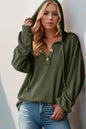 Long sleeve hoodie by Trendsi featuring a double take full size design, half-button front and casual fit, shown in a neutral color.