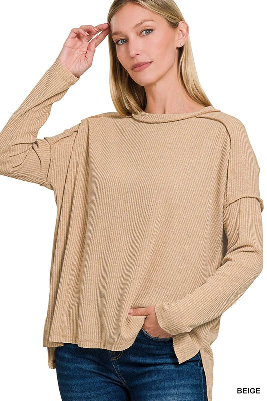 Soft beige Zenana ribbed drop shoulder round neck sweater with long sleeves and a cozy, relaxed fit.