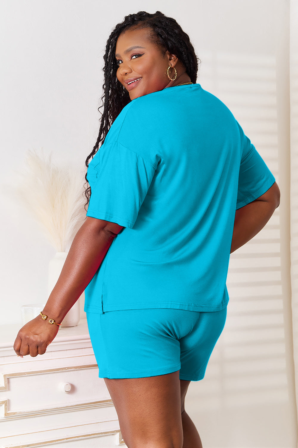 Basic Bae soft rayon half sleeve top and shorts set by Trendsi, shown in natural light, featuring a relaxed fit in neutral tones.