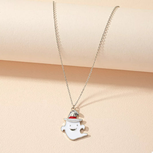 Cute ghost pendant necklace with Halloween design, featuring a silver chain and adorable ghost charm by Trendsi.