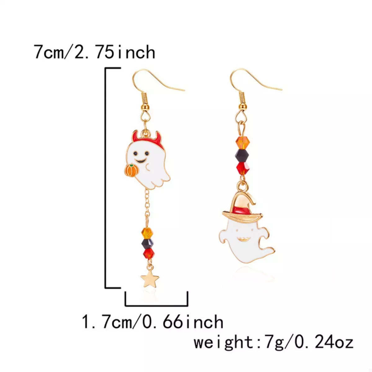 Halloween ghost pumpkin drop earrings featuring spooky ghost and pumpkin charms, stylish jewelry for Halloween costumes.