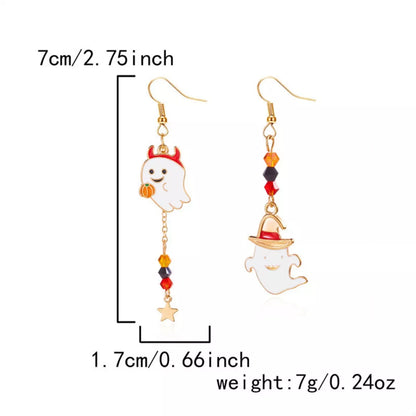 Halloween ghost pumpkin drop earrings featuring spooky ghost and pumpkin charms, stylish jewelry for Halloween costumes.
