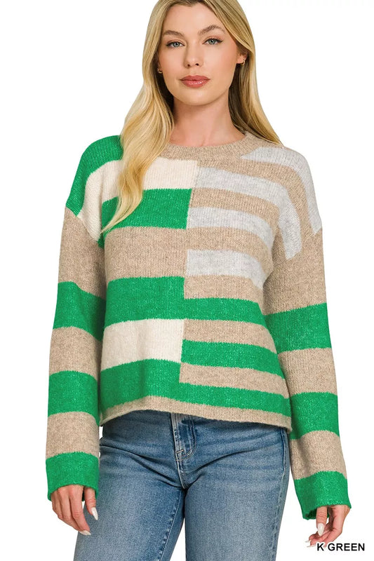 Color block Zenana lightweight wool blend sweater with long sleeves and a relaxed fit, featuring shades of blue, gray, and black.
