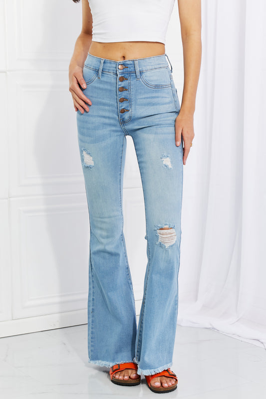 Vibrant MIU full size Jess button flare jeans from Trendsi, showing the high-waisted denim with button details and flare leg style.