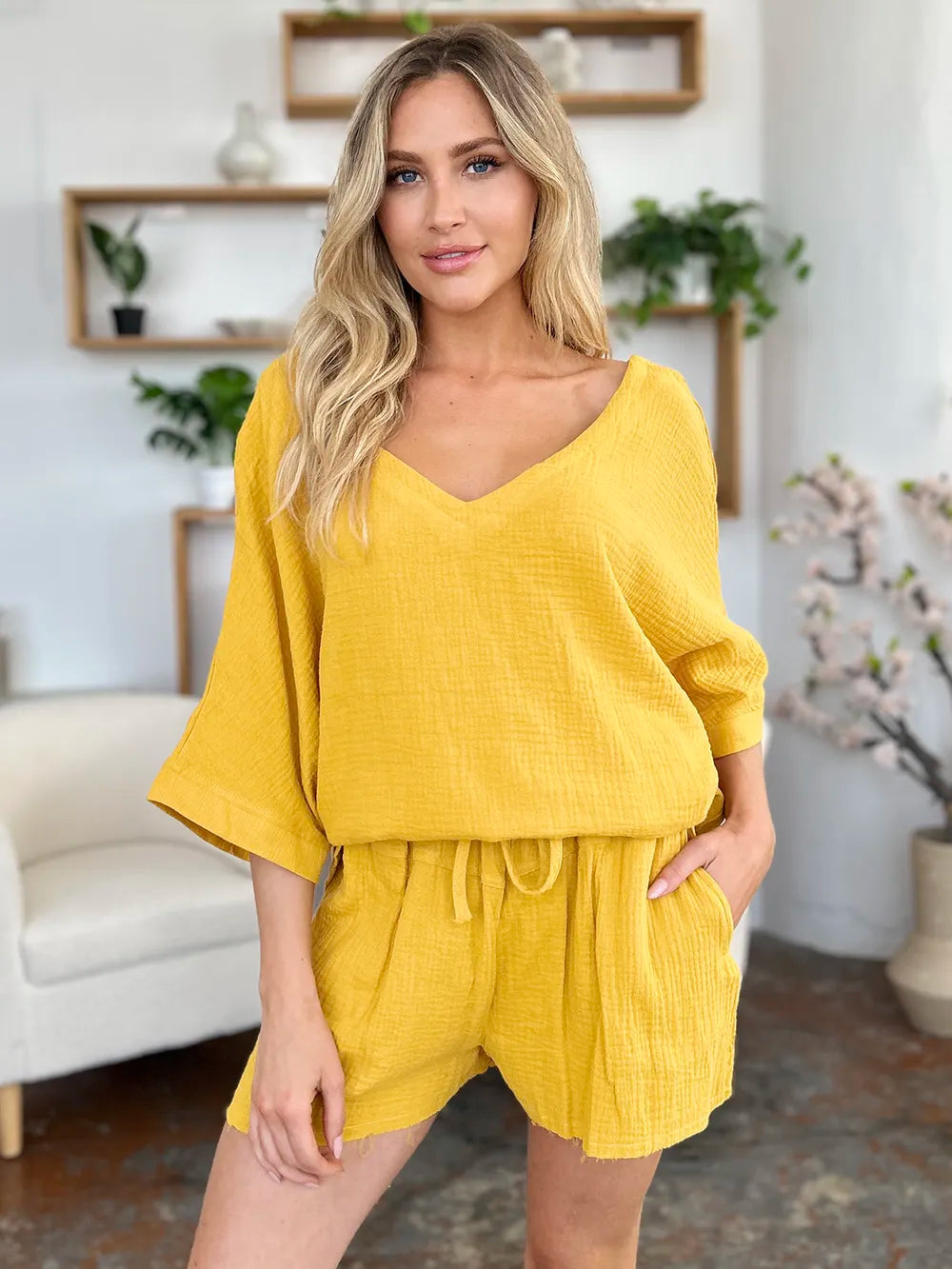 Trendsi Double Take Texture half sleeve T-shirt and drawstring shorts set, featuring a stylish casual look with textured fabric.