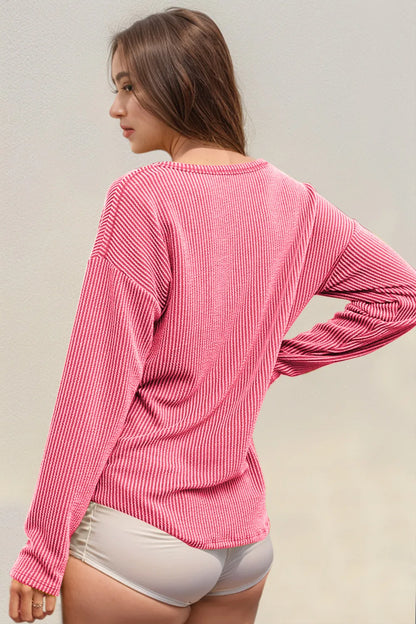Striped long sleeve T-shirt with notched neckline by Trendsi, featuring a stylish double take design and casual fit.