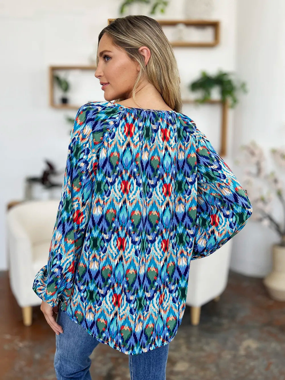Printed balloon sleeve blouse from Trendsi featuring a double take full-size design with vibrant print details and stylish silhouette.