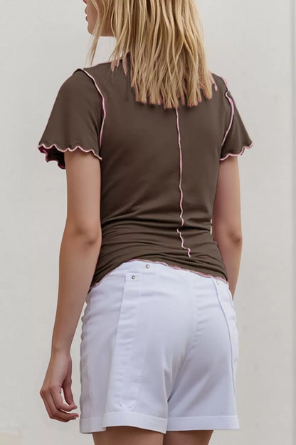 Trendsi Basic Bae mock neck casual top with wave edge, contrast stitching, ruffle short sleeves, slim fit, in black fabric