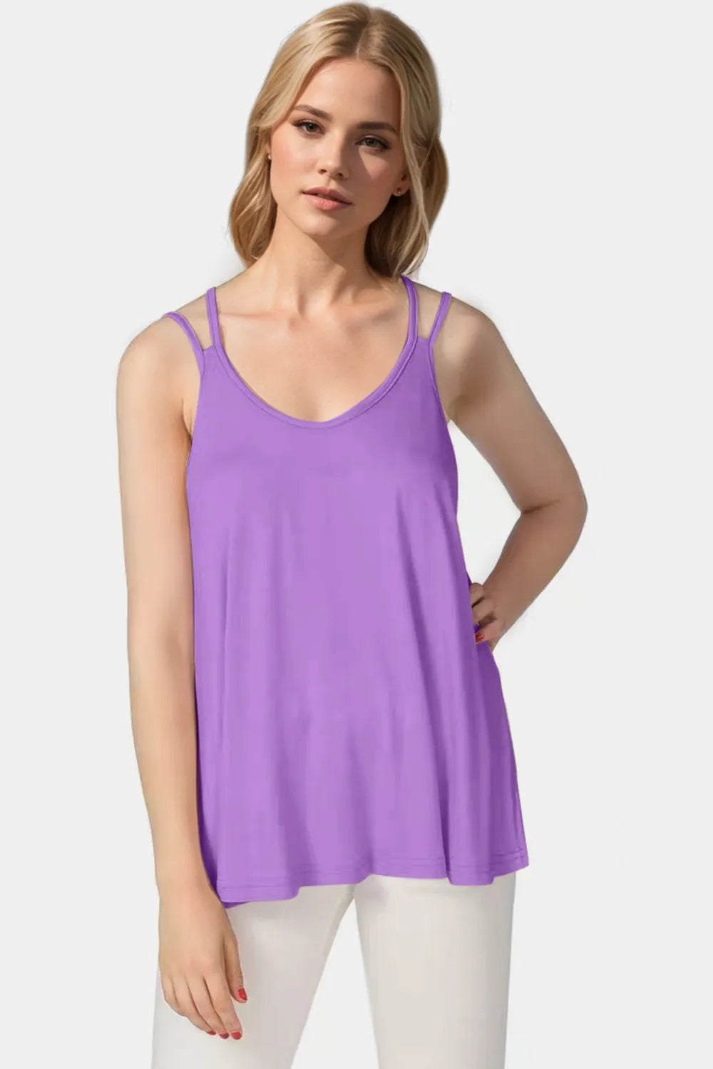 Trendsi Basic Bae bamboo cami with scoop neck and double spaghetti straps, soft and breathable fabric for casual wear.