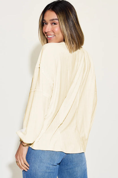 Basic Bae full size ribbed round neck long sleeve T-shirt by Trendsi, featuring a fitted design and ribbed fabric in natural colors