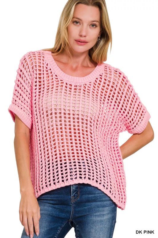 Zenana fish net short sleeve crochet knit cover-up, lightweight and stylish, perfect for beach or poolside wear.