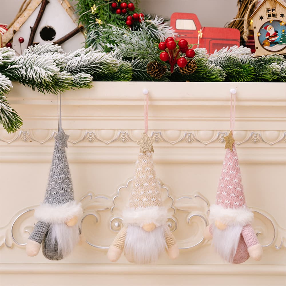 Two faceless gnome hanging widgets in assorted styles, perfect for seasonal or decorative outdoor and indoor display.
