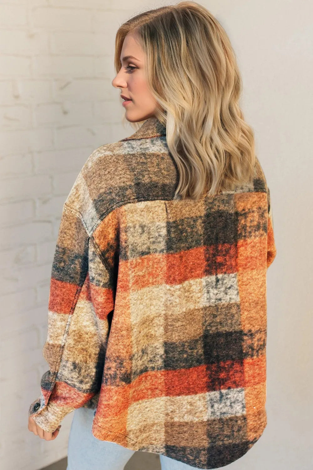 Trendsi double take plaid fleece shacket with button-up front and front pockets, featuring a cozy plaid pattern and casual style.