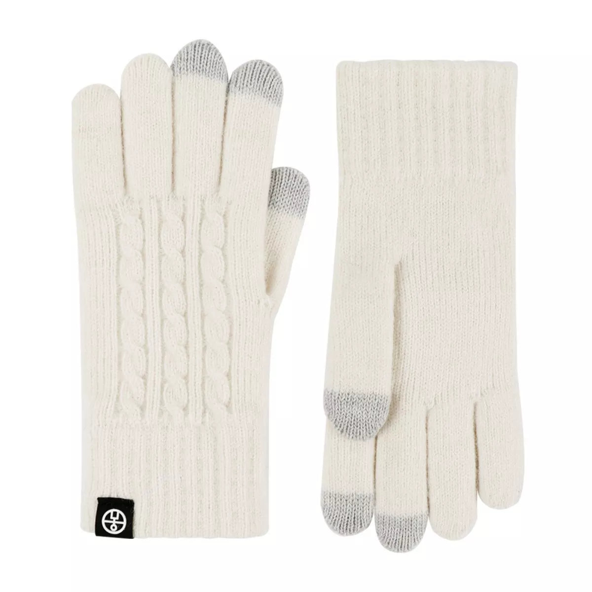 Gray cable knit touchscreen gloves from Trendsi with ribbed cuffs, designed for warmth and device use in cold weather.