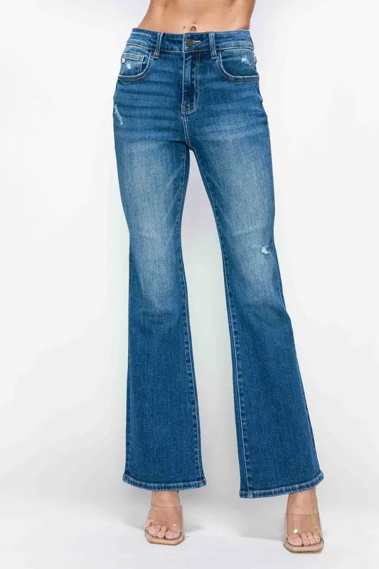 Trendsi bytos full size high-rise bootcut jeans with pockets, showcasing classic denim style and a flattering fit.