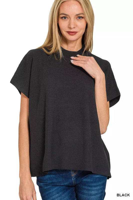 Viscose mock neck short sleeve boxy sweater by Trendsi, featuring a sleek, fitted design with a classic style in soft fabric.