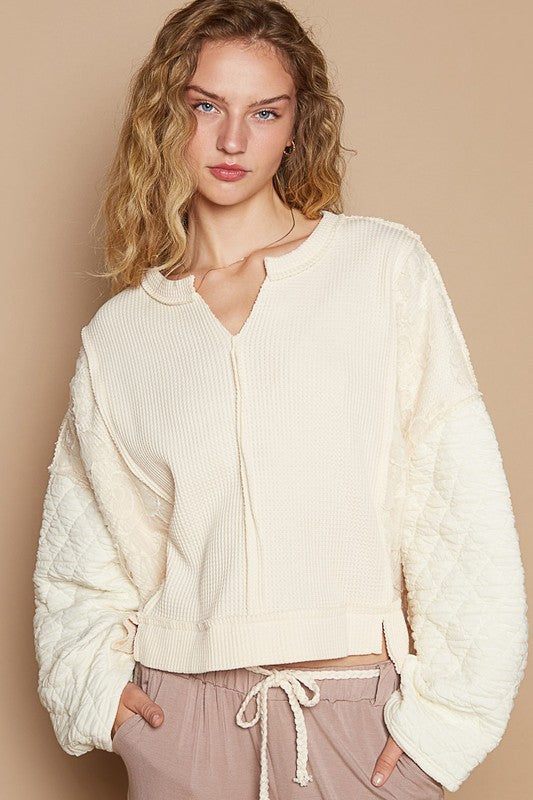 POL Waffle-Knit Notched Long Sleeve Knit Top