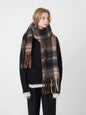 Polyester plaid scarf with fringed edges from Trendsi, featuring a stylish pattern and soft texture for versatile wear.