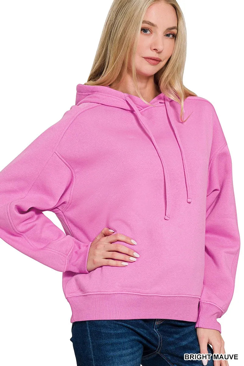 Relaxed fit fleece hoodie by Zenana, featuring drawstring neckline and cozy material, shown in a soft, neutral color.
