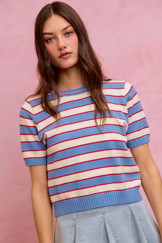 Stripe knit crew neck sweater top with short sleeves, Trendsi SO ME fashion, featuring a stylish and cozy knit design.