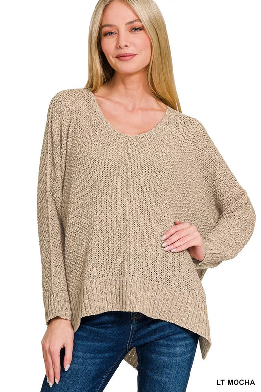 Zenana Dolman Sleeve V-Neck Sweater in soft knit, featuring a relaxed fit and stylish V-neck design.