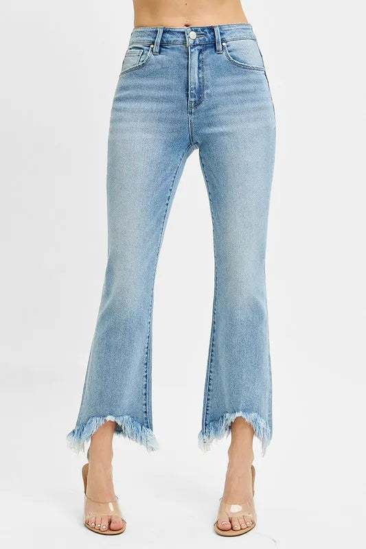 Plus size Risen full size high rise crop bootcut jeans with frayed hem, featuring trendy distressed denim from Trendsi.