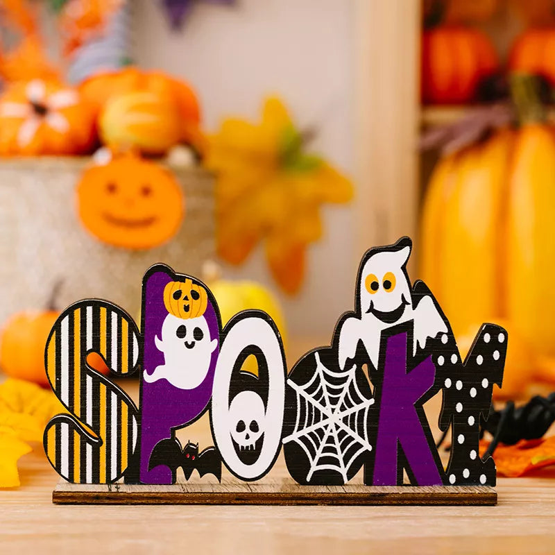 Halloween wooden decorative tabletop ornament featuring spooky design, perfect for seasonal home decor from Trendsi.
