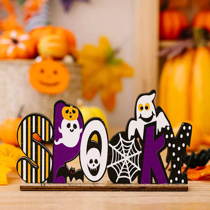 Halloween wooden decorative tabletop ornament featuring spooky design, perfect for seasonal home decor from Trendsi.