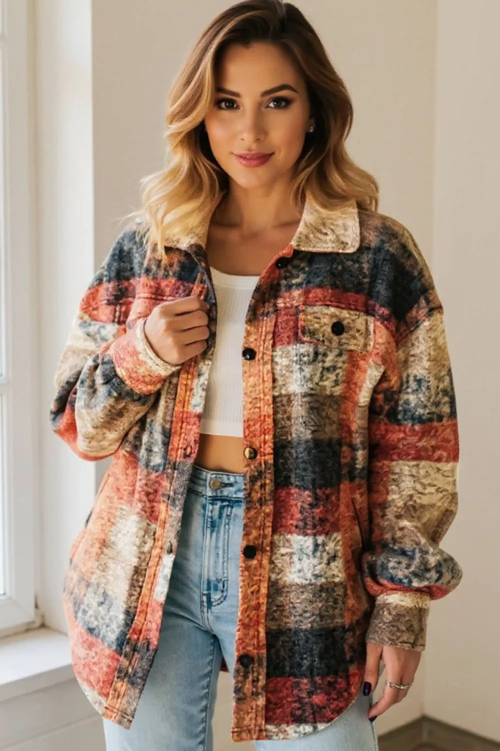 Trendsi Double Take plaid fleece shacket with button-up front and front pockets, cozy layered look for casual wear.
