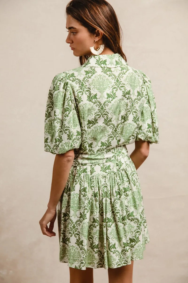 Green cream floral mini shirt dress with tie waist and short sleeves, stylish and casual from Trendsi.