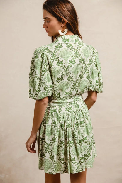 Green cream floral mini shirt dress with tie waist and short sleeves, stylish and casual from Trendsi.