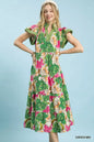 Green Umgee Mix bold floral tiered midi dress with a flowy silhouette and vibrant floral pattern, perfect for spring and summer.