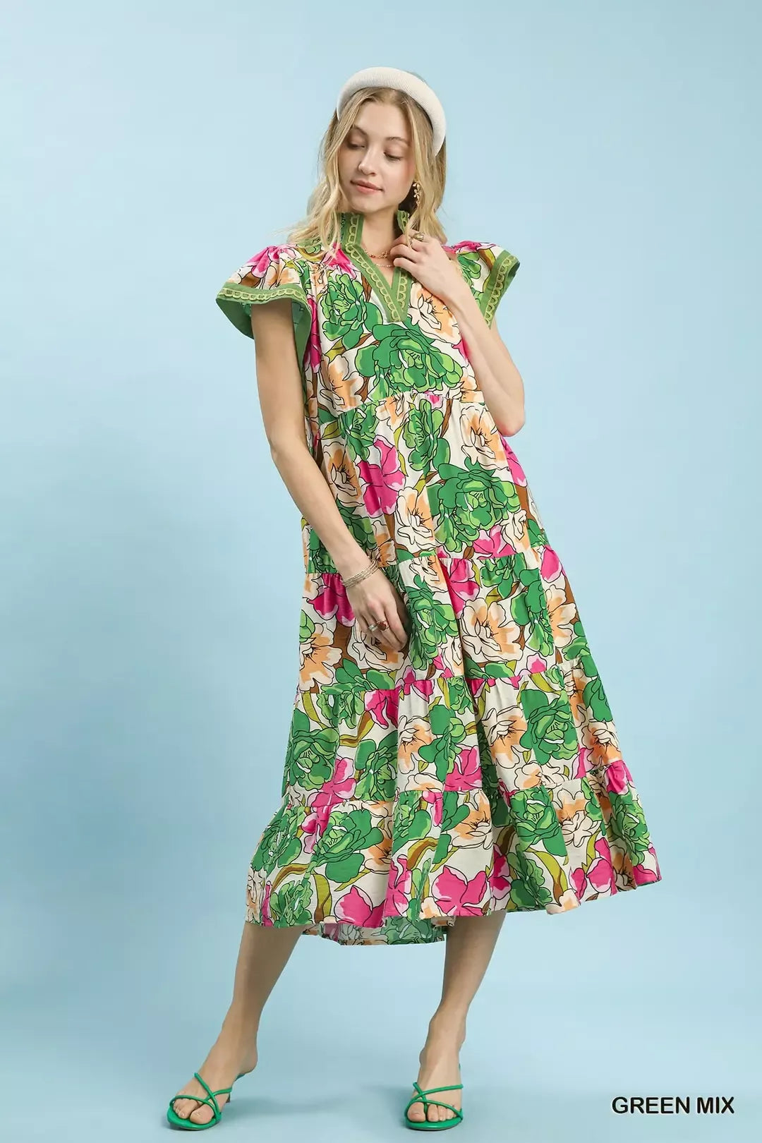 Green Umgee Mix Bold Floral Tiered Midi Dress with vibrant floral pattern and flowy tiered skirt, perfect for casual or semi-formal wear.