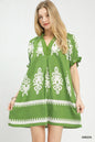 Green Umgee two-tone border print mini dress with short sleeves and relaxed fit, perfect for casual wear.
