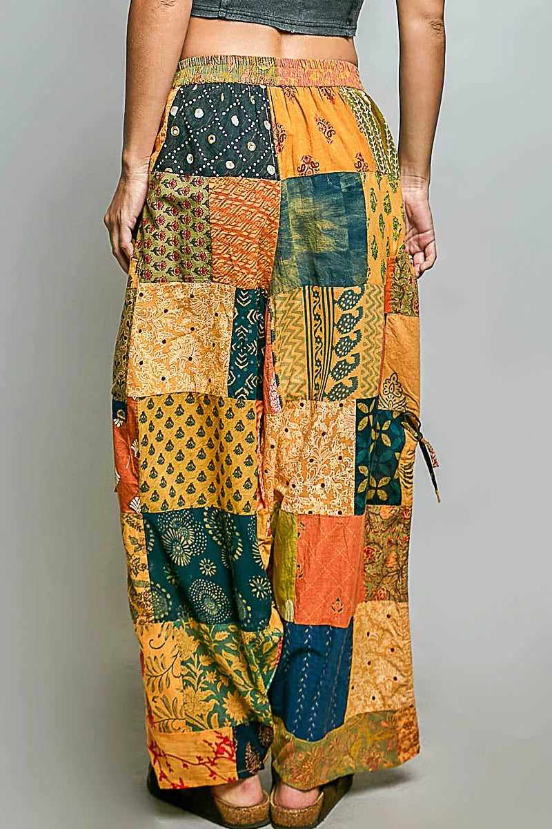 Honey multi-polyester printed patchwork wide-leg pants with adjustable side drawstring from Trendsi.
