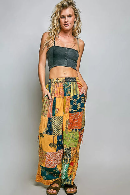 Honey multi-color printed patchwork wide-leg pants with adjustable side drawstring, stylish Trendsi fashion for women
