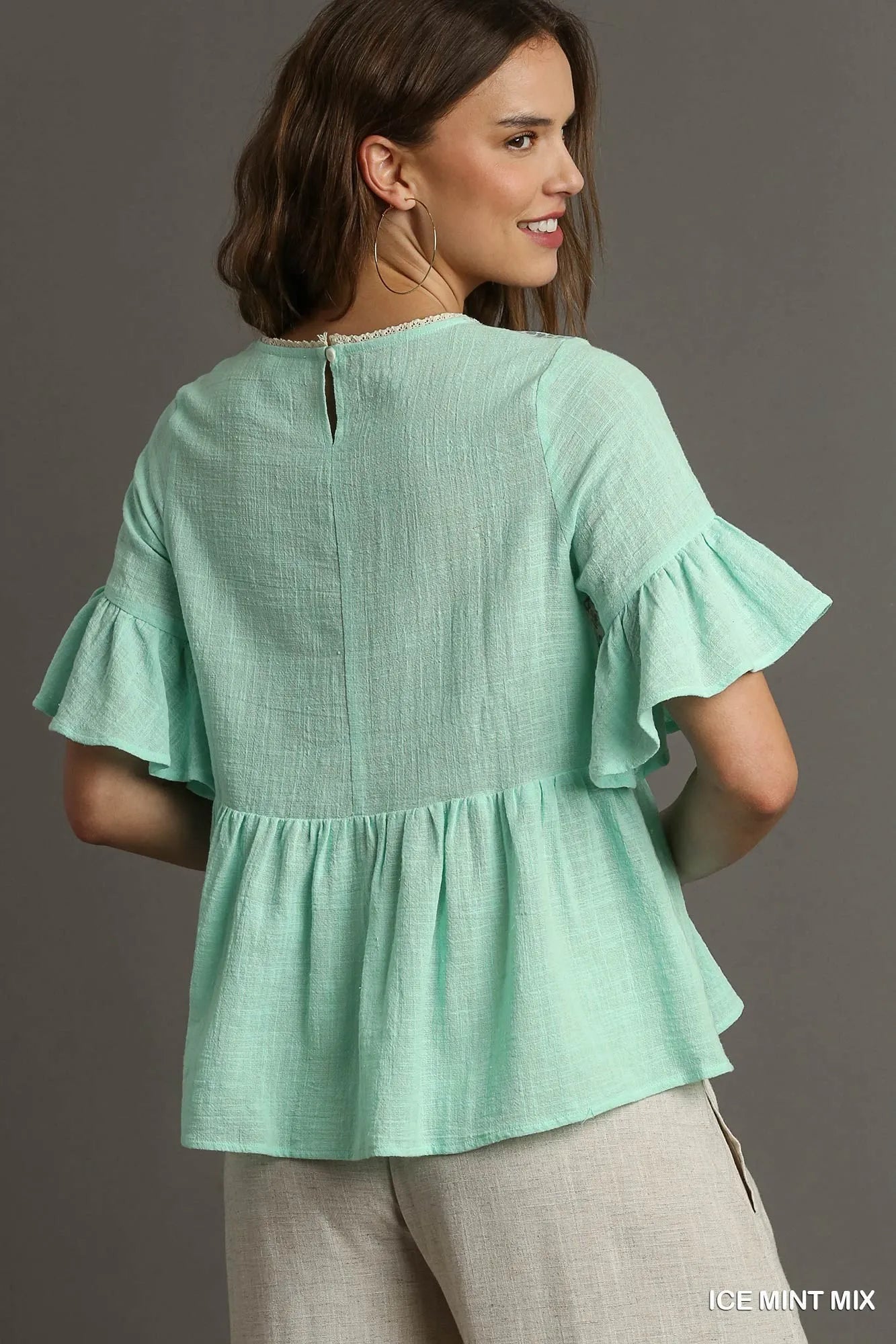Ice mint floral lace-trimmed babydoll top with half sleeves by Umgee, featuring delicate lace details and a relaxed fit.