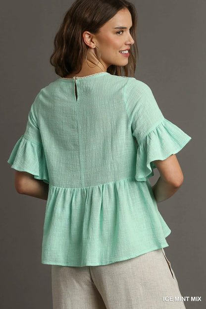Ice mint floral lace-trimmed babydoll top with half sleeves by Umgee, featuring delicate lace details and a relaxed fit.
