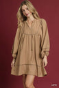 Umgee boho peasant mini dress with trim detail, featuring a relaxed fit and stylish design, perfect for casual summer wear.
