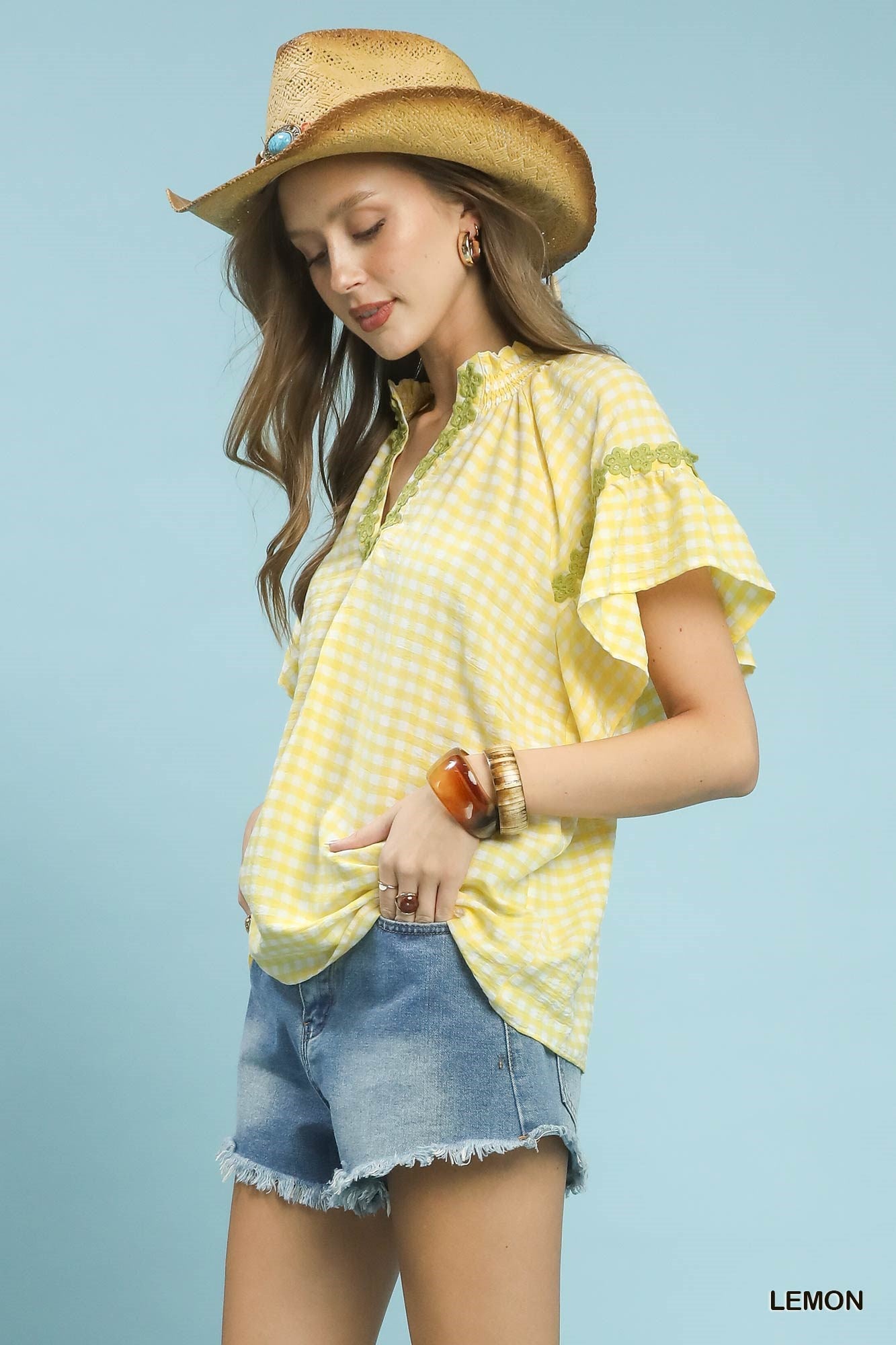 Lemon yellow Umgee Gingham Lace Trim Top by Trendsi, lightweight blouse with lace accents and gingham pattern, casual and stylish.