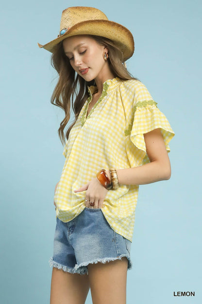 Lemon yellow Umgee Gingham Lace Trim Top by Trendsi, lightweight blouse with lace accents and gingham pattern, casual and stylish.