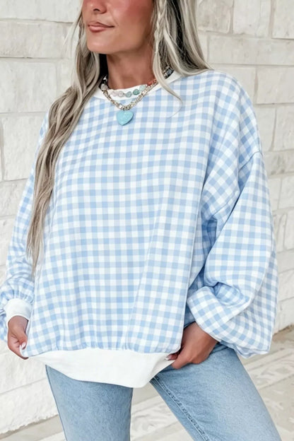 Light blue casual plaid dropped shoulder sweatshirt by Trendsi featuring a relaxed fit and cozy fabric.