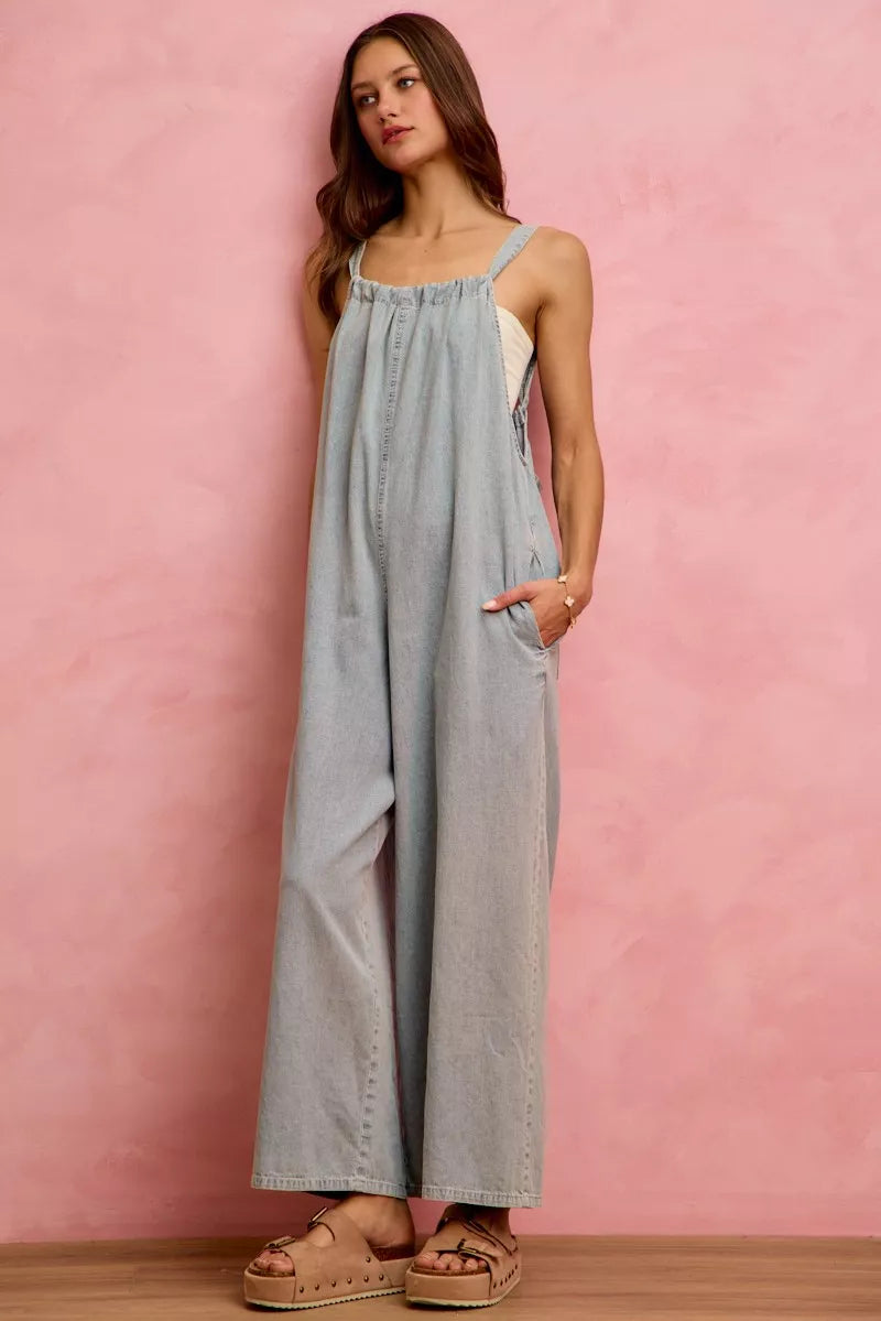 Light blue SO ME wide leg lightweight denim overalls with adjustable straps and front pockets, casual and stylish for everyday wear.