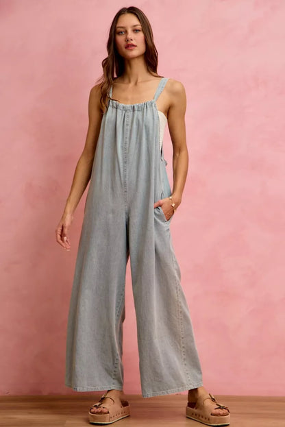 Light blue SO ME wide-leg lightweight denim overalls with adjustable straps and front pockets, casual and trendy for everyday wear.