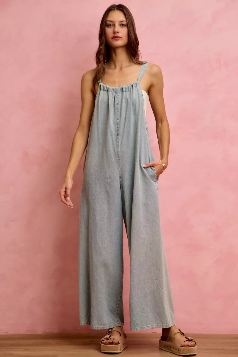 Light blue SO ME wide-leg lightweight denim overalls with adjustable straps and front pockets, stylish and casual for everyday wear.