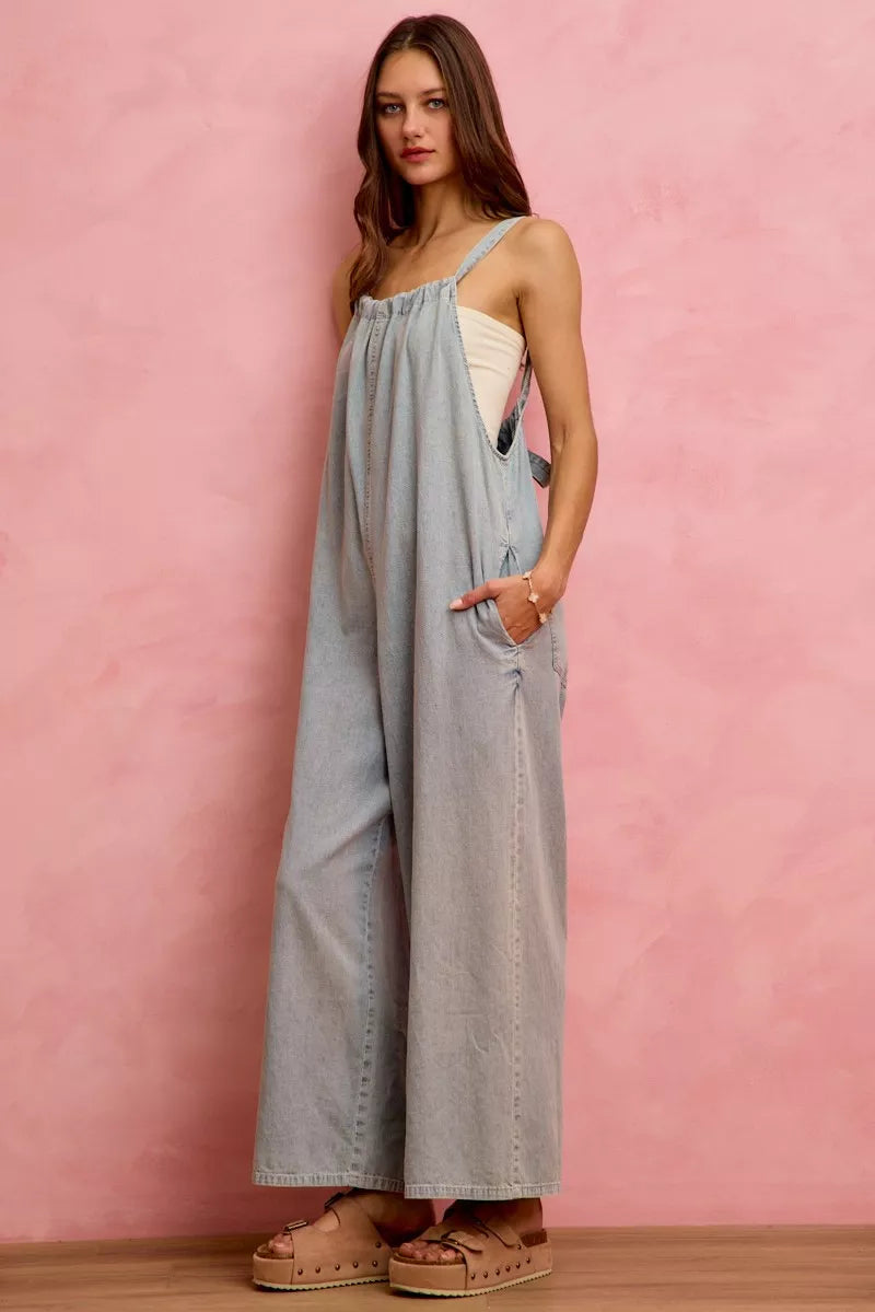 Light blue SO ME wide-leg lightweight denim overalls by Trendsi, featuring relaxed fit and casual style, front pockets, and adjustable straps.