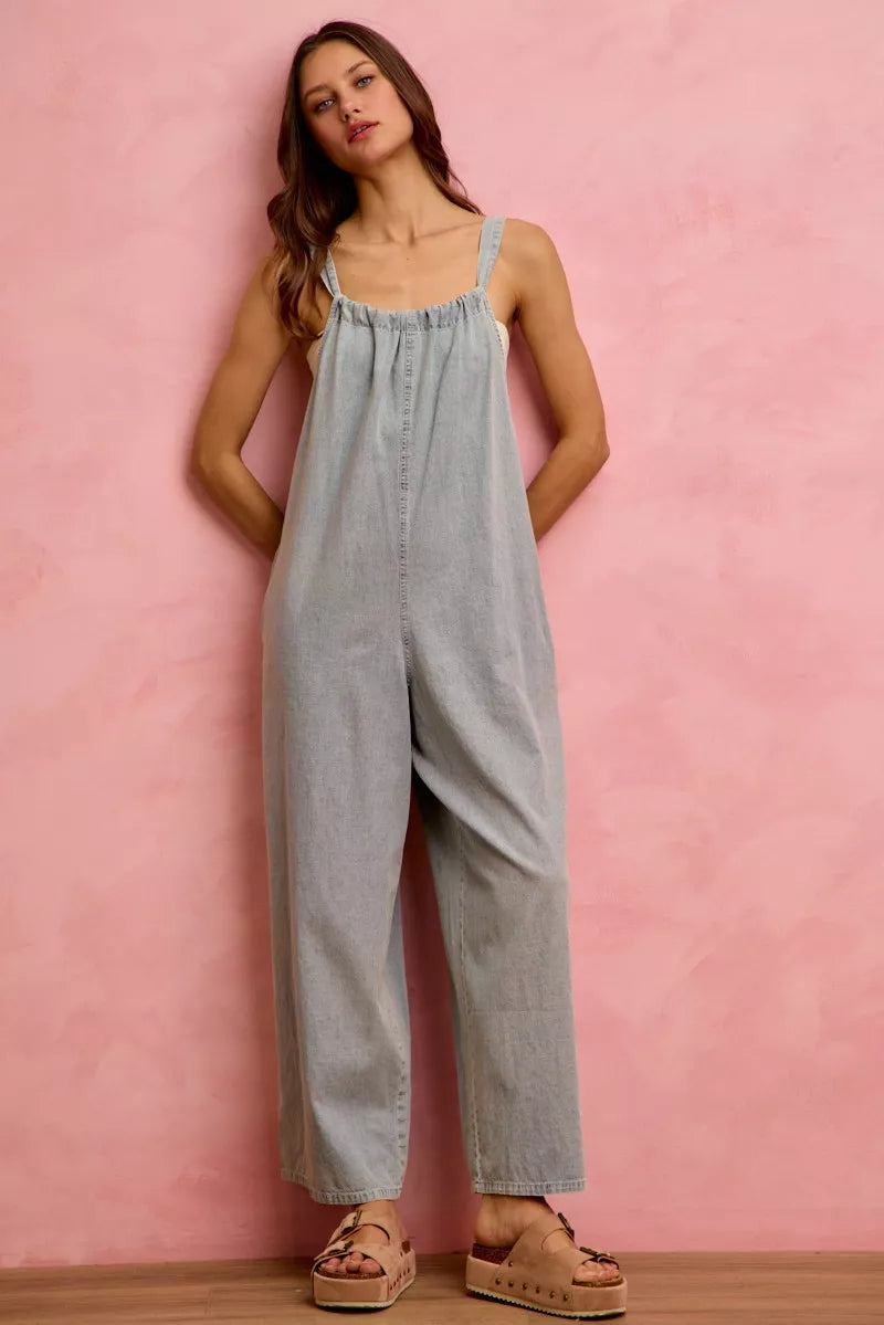 Light blue SO ME wide-leg lightweight denim overalls with adjustable straps and front pockets, styled for casual wear.
