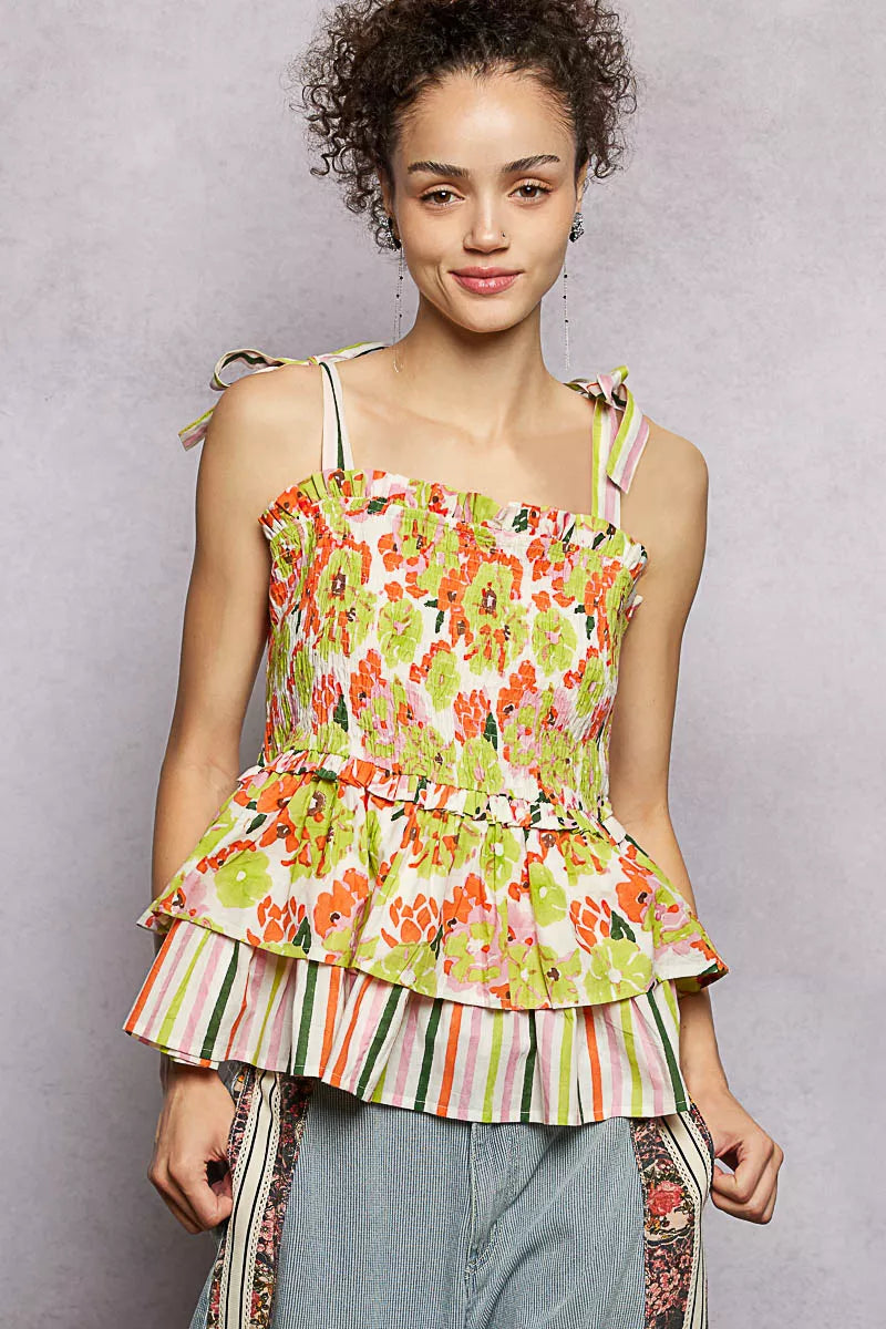 Lime multi-color floral smocked ruffled cami with tie shoulder straps, trendy women's sleeveless top by Trendsi.