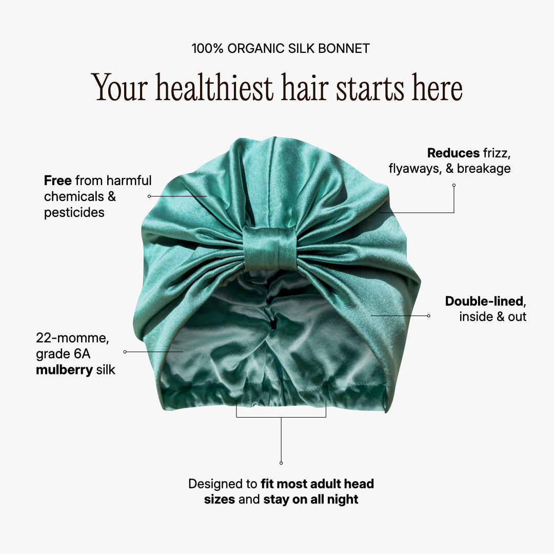 Lina Lennox organic silk hair bonnet in jade green, soft and smooth for hair protection and comfort.